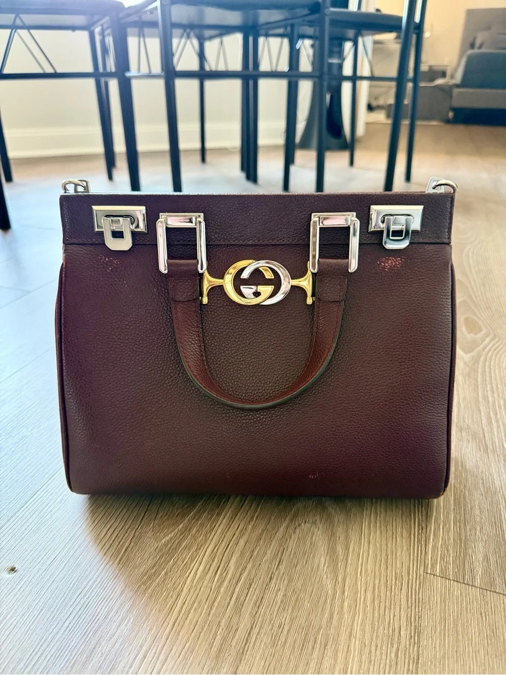 Gucci Women’s Burgundy Leather Top-Handle Satchel with Gold GG